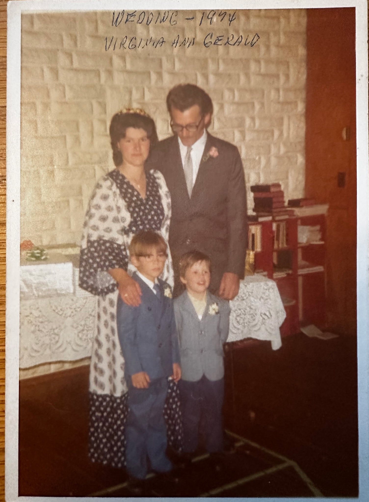 Virginia and Gerald Uden at their 1974 wedding with Richard and Reagan in front of them