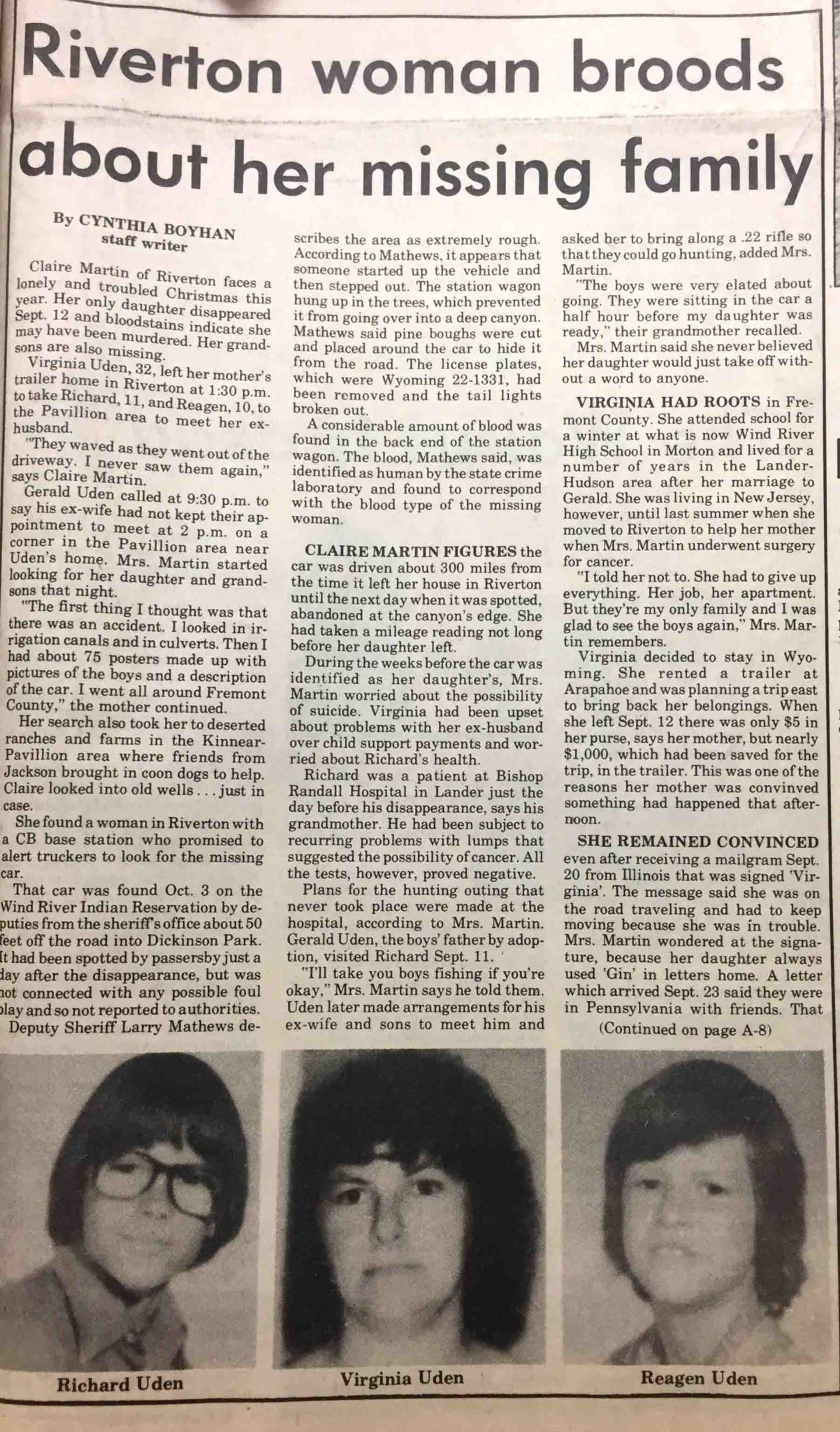 December 1980 newspaper article about Claire Martin's missing family, with photos of Richard, Virginia, and Reagan Uden