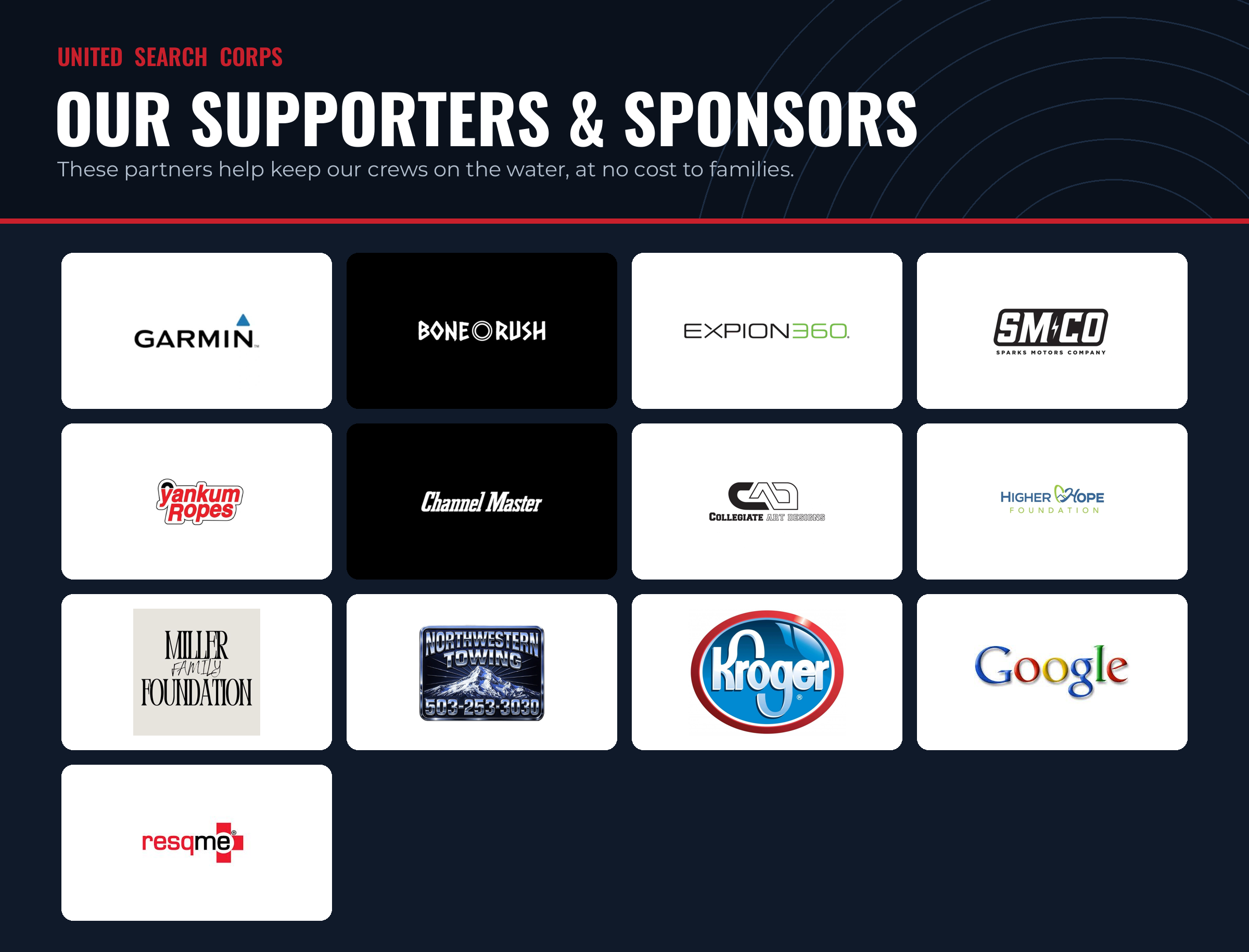 United Search Corps supporters and sponsors: Garmin, Bone Rush, Expion360, SMCO Sparks Motors Company, Yankum Ropes, Channel Master, Collegiate Art Designs, Higher Hope Foundation, Miller Family Foundation, Northwestern Towing, Kroger, Google, resqme